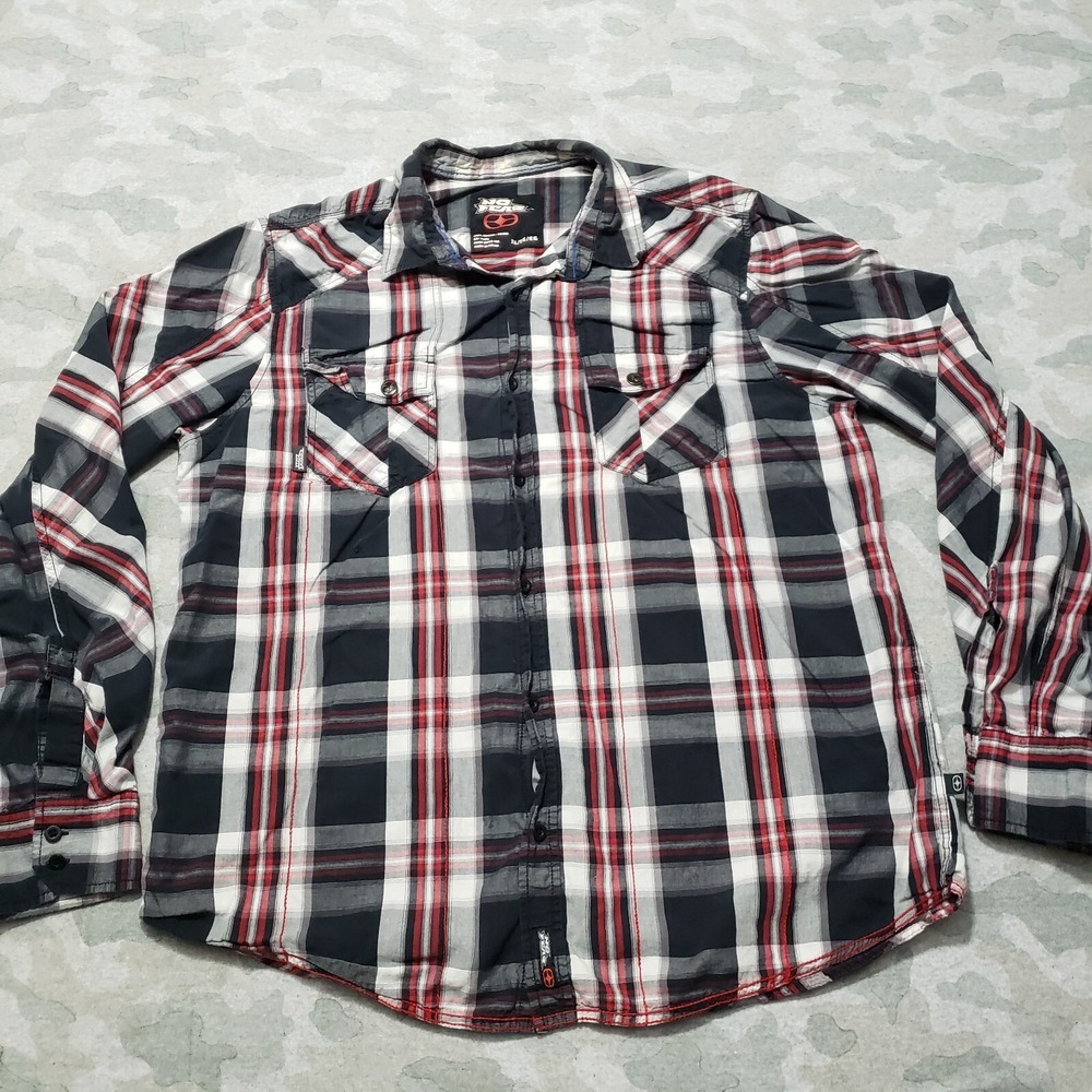 Vintage No Fear Shirt Mens XL Black Y2K Plaid Long Sleeve Button-Up